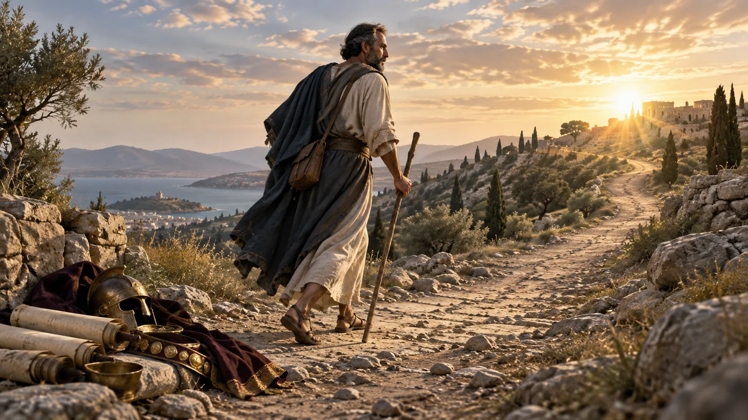 Paulo caminha por uma estrada antiga em direção a um horizonte luminoso, deixando para trás rolos e símbolos de antigos méritos junto às pedras.
