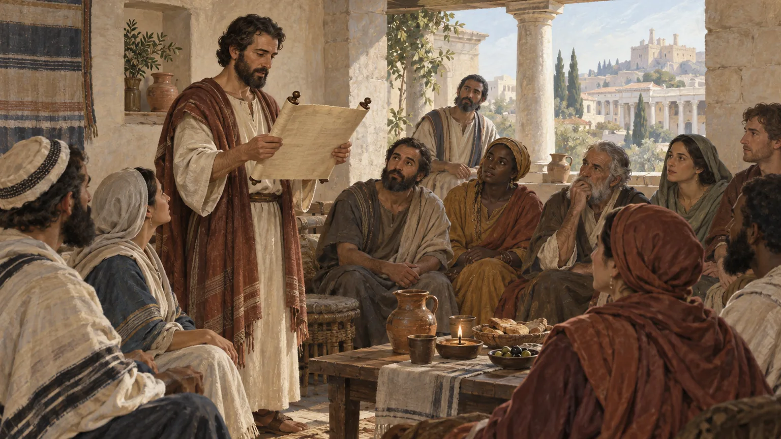 Uma comunidade de judeus e gentios reúne-se em Roma para ouvir a leitura da carta de Paulo.