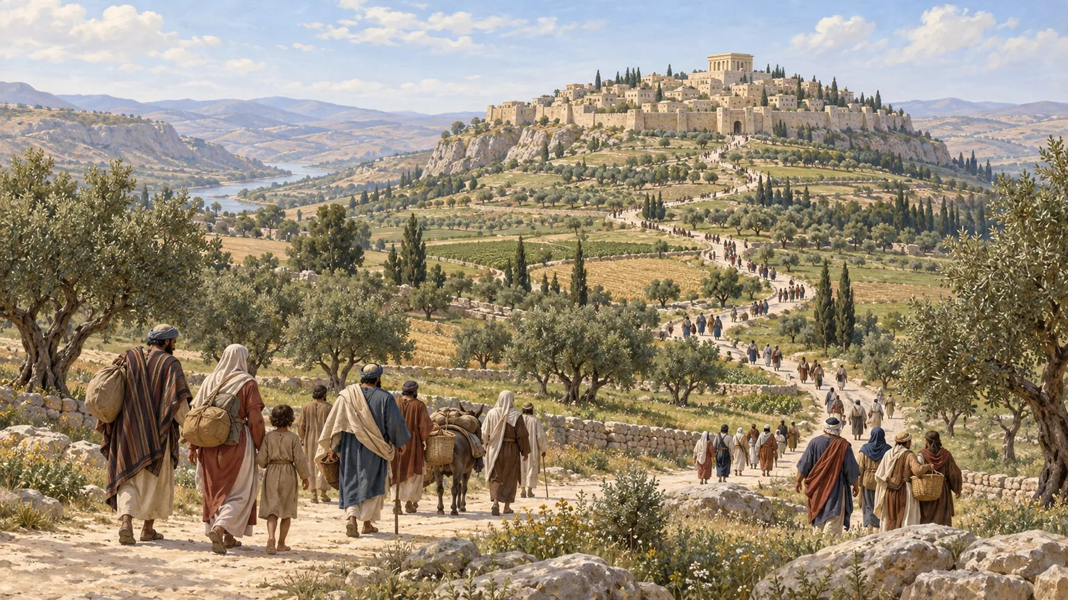 Grupos de viajantes percorrem caminhos entre campos e oliveiras em direção à cidade sobre o monte.