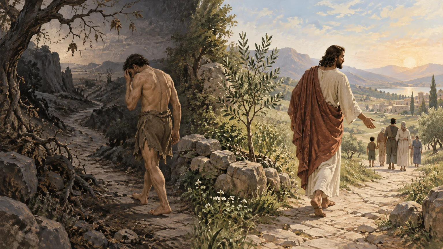 Uma composição em duas direções contrasta a sombra de Adão com a vida renovada oferecida por Cristo.