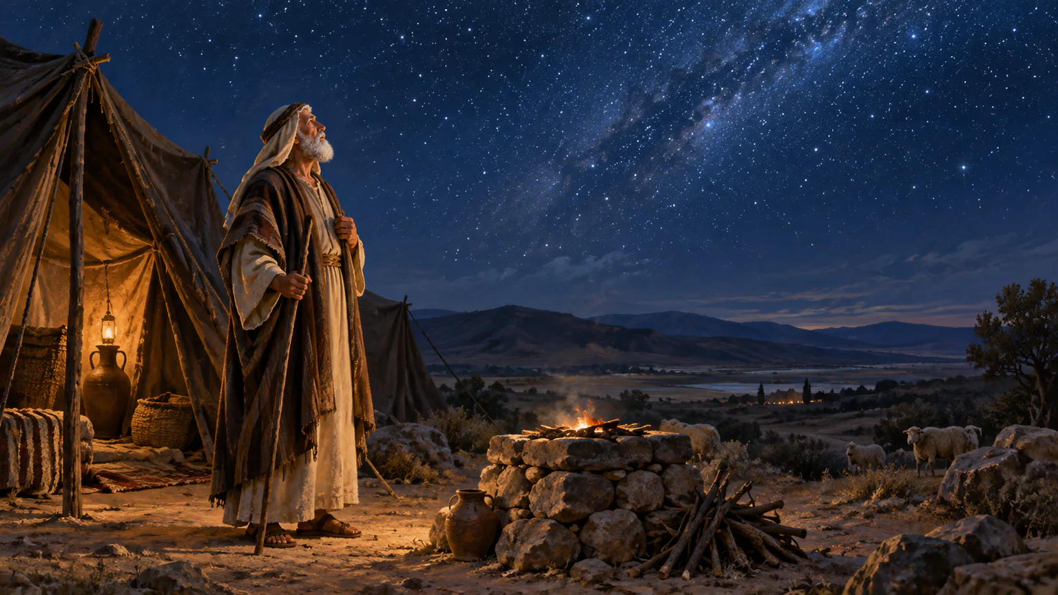 Abraão contempla o céu estrelado junto à sua tenda e a um altar de pedras.