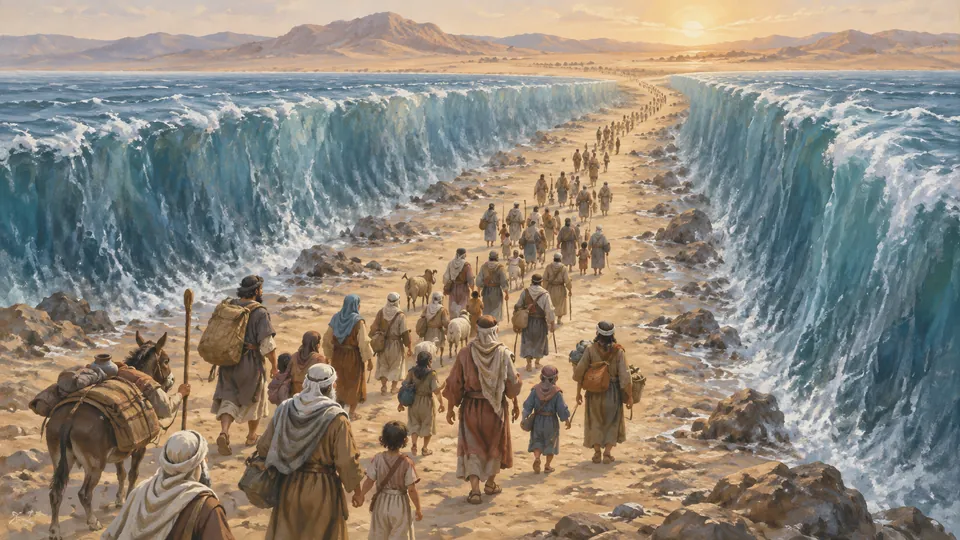 Famílias israelitas percorrem um caminho seco entre as águas abertas do mar, em direção ao deserto.