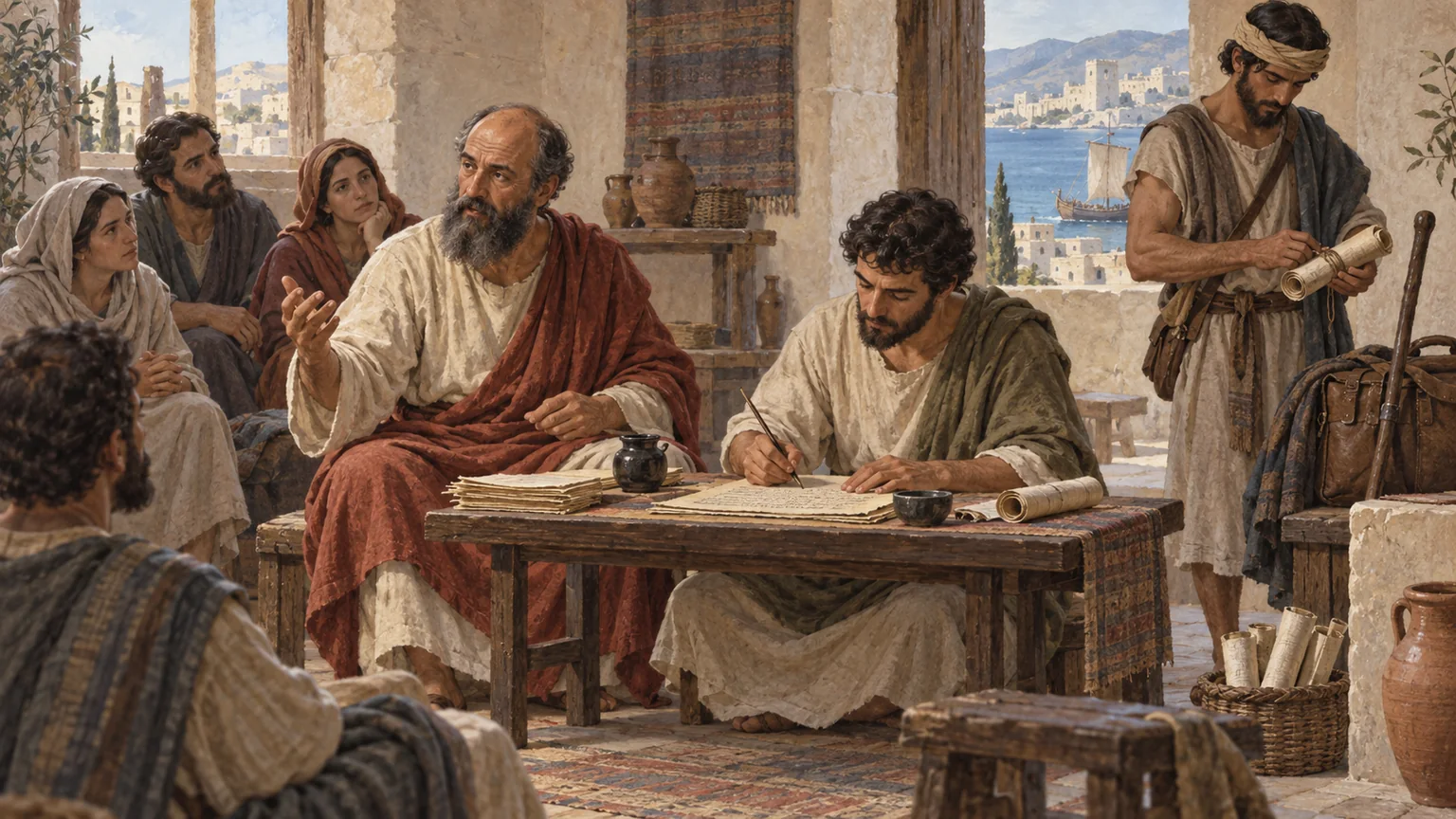 Paulo dita uma carta a um escriba em um pórtico mediterrâneo, enquanto mensageiros e ouvintes se reúnem ao redor.