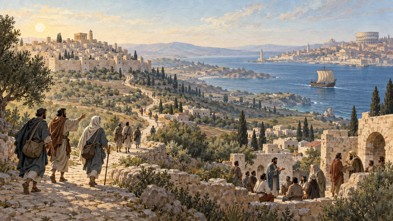 Seguidores de Jesus percorrem uma estrada que parte de Jerusalém e se abre para cidades e portos do mundo romano.