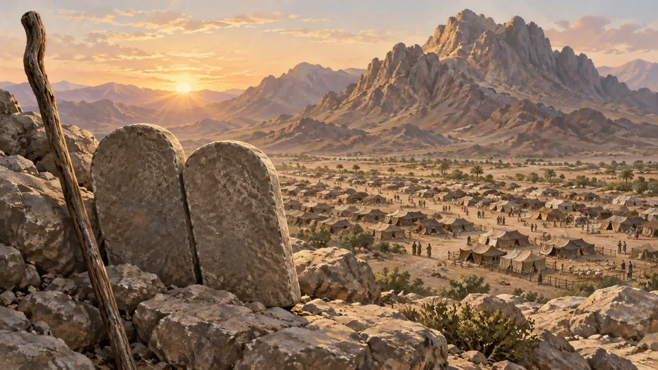 Duas tábuas de pedra e um cajado sobre uma encosta, diante das tendas de Israel e do monte Sinai.