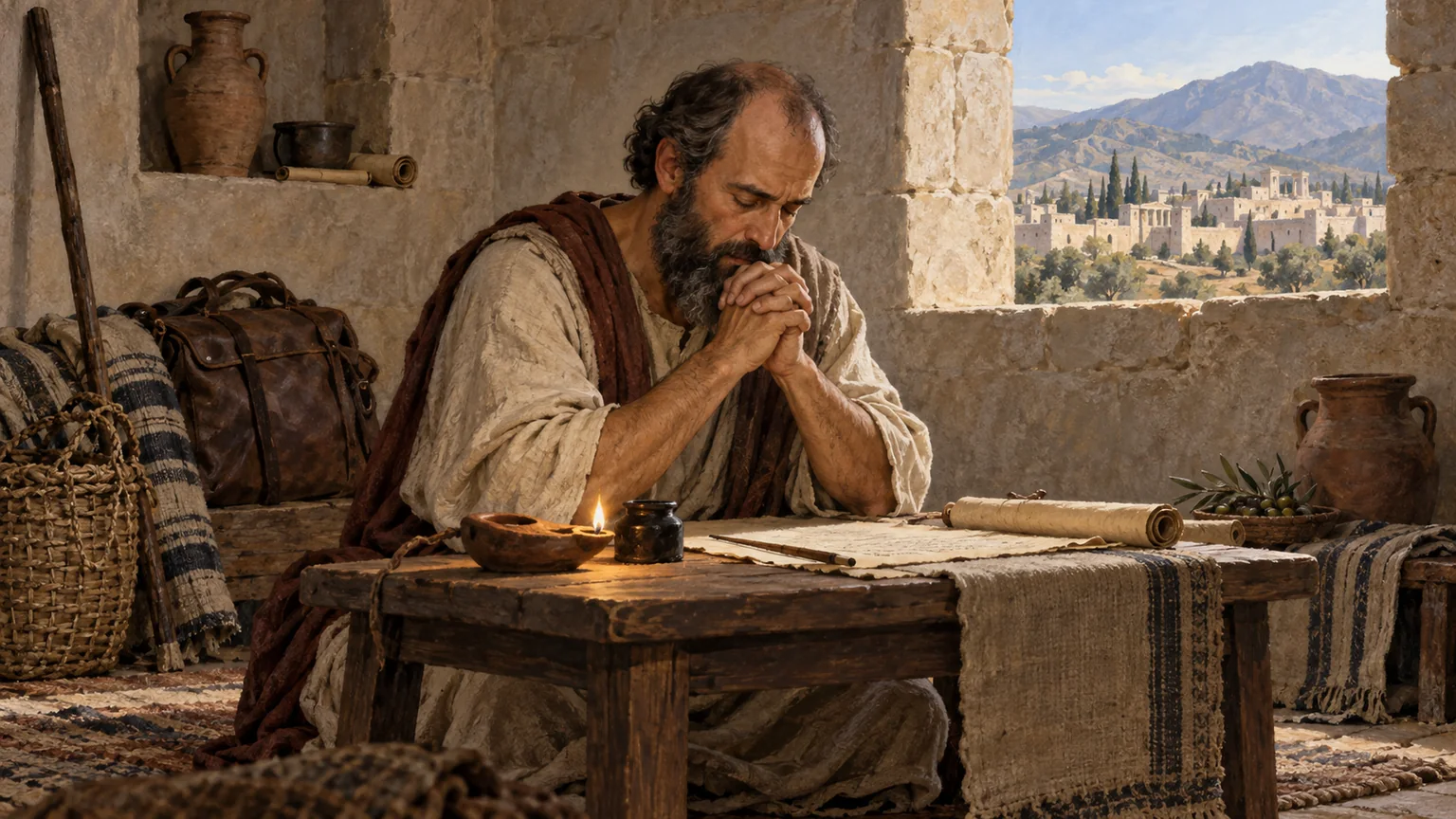 Paulo escreve e intercede em uma sala de pedra, com o horizonte de uma comunidade distante visível pela abertura da parede.