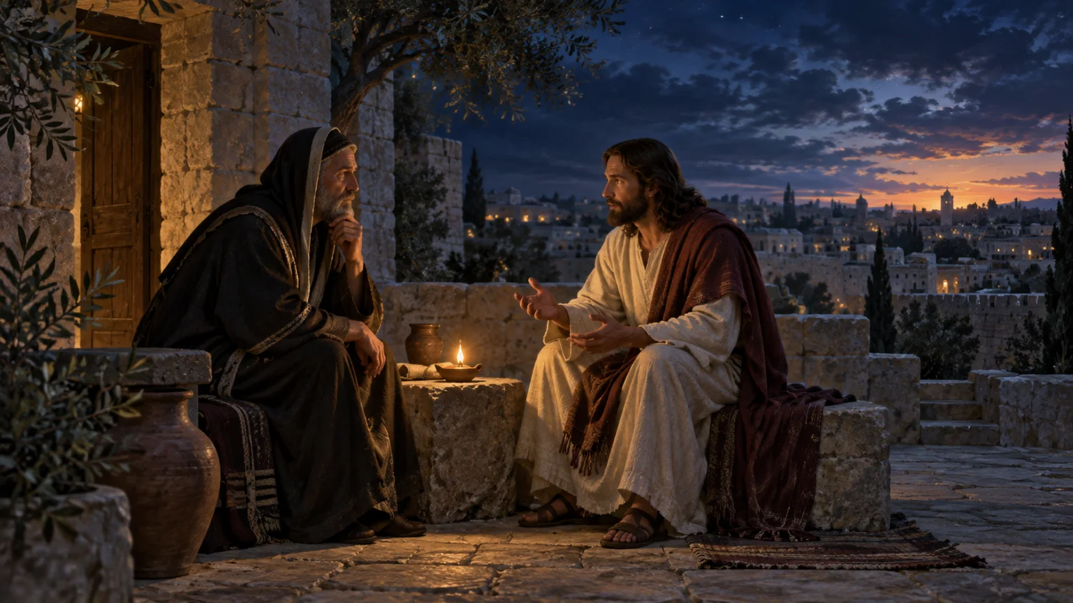 Nicodemos conversa com Jesus em um terraço de pedra, sob a luz de uma lamparina e o céu noturno.