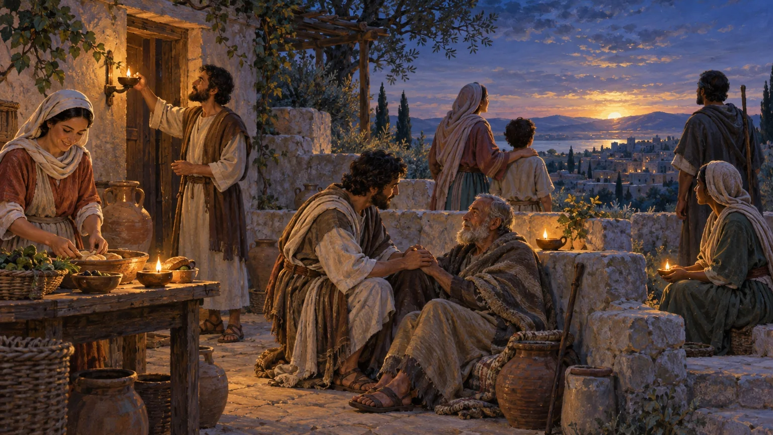 Uma comunidade acende lâmpadas e cuida uns dos outros ao entardecer, diante de um horizonte iluminado.