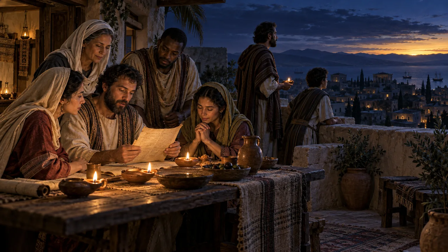 Uma comunidade cristã vigia e ora durante a noite enquanto o primeiro clarão do dia surge sobre Tessalônica.