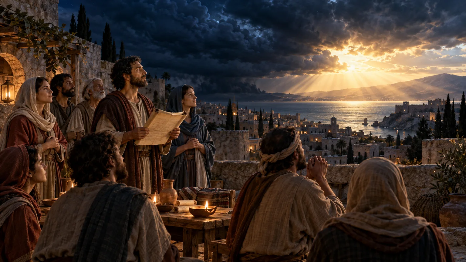 Cristãos reunidos sobre as muralhas de uma cidade mediterrânea contemplam a luz rompendo as nuvens depois de uma noite de perseguição.