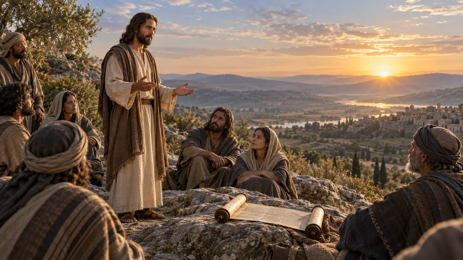 Jesus, em uma paisagem da Judeia, ensina pessoas reunidas diante de um horizonte iluminado.