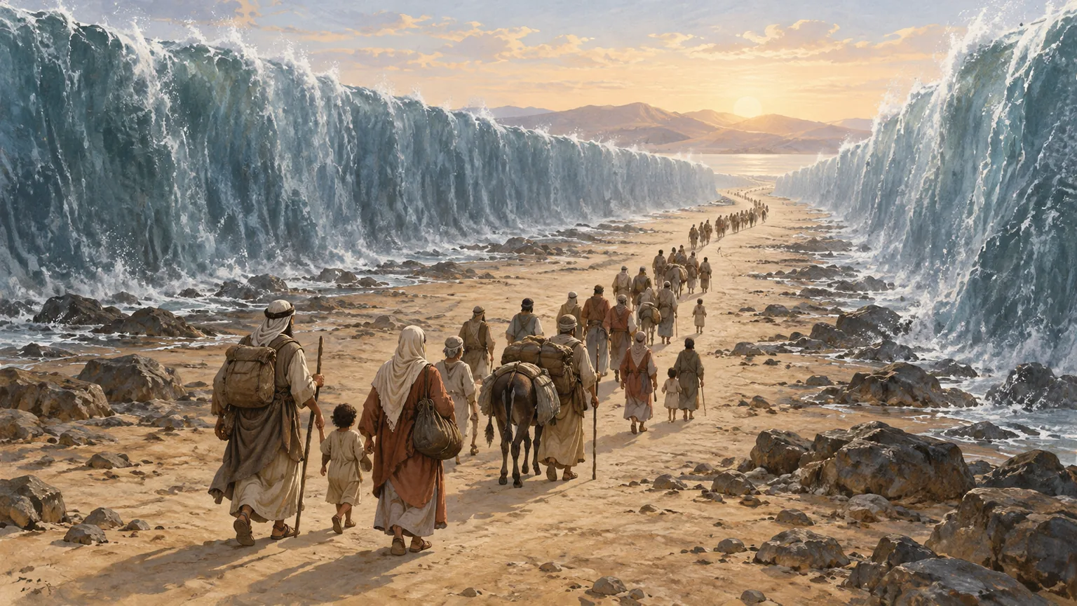 Famílias de Israel caminham por uma passagem seca entre as águas do Mar Vermelho, levando seus pertences.