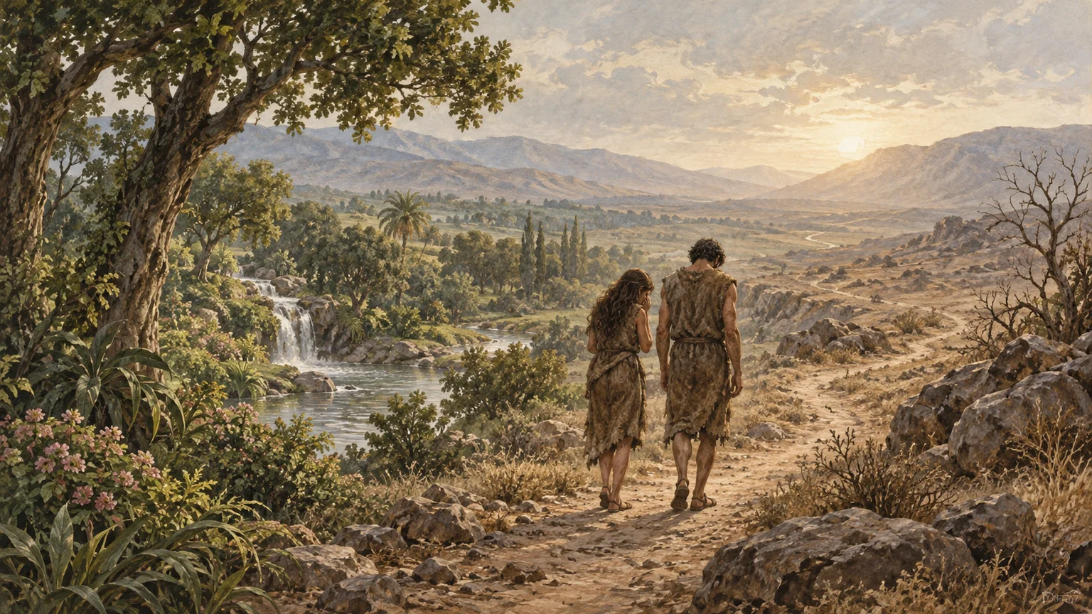Adão e Eva, vestidos, deixam o jardim por um caminho rochoso, com árvores e um rio ao fundo.
