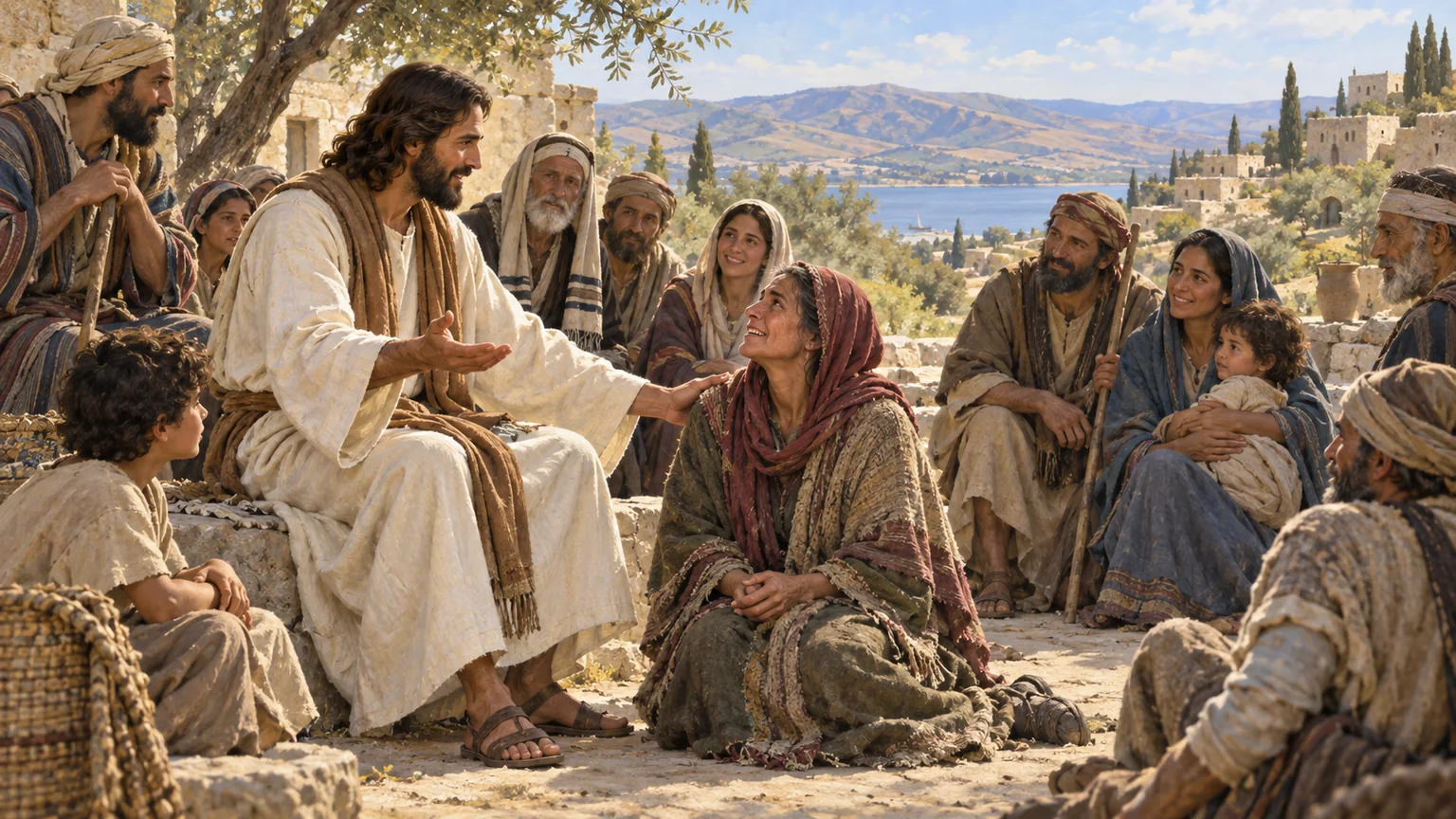Jesus acolhe e restaura pessoas durante seu ministério em uma comunidade da Galileia.