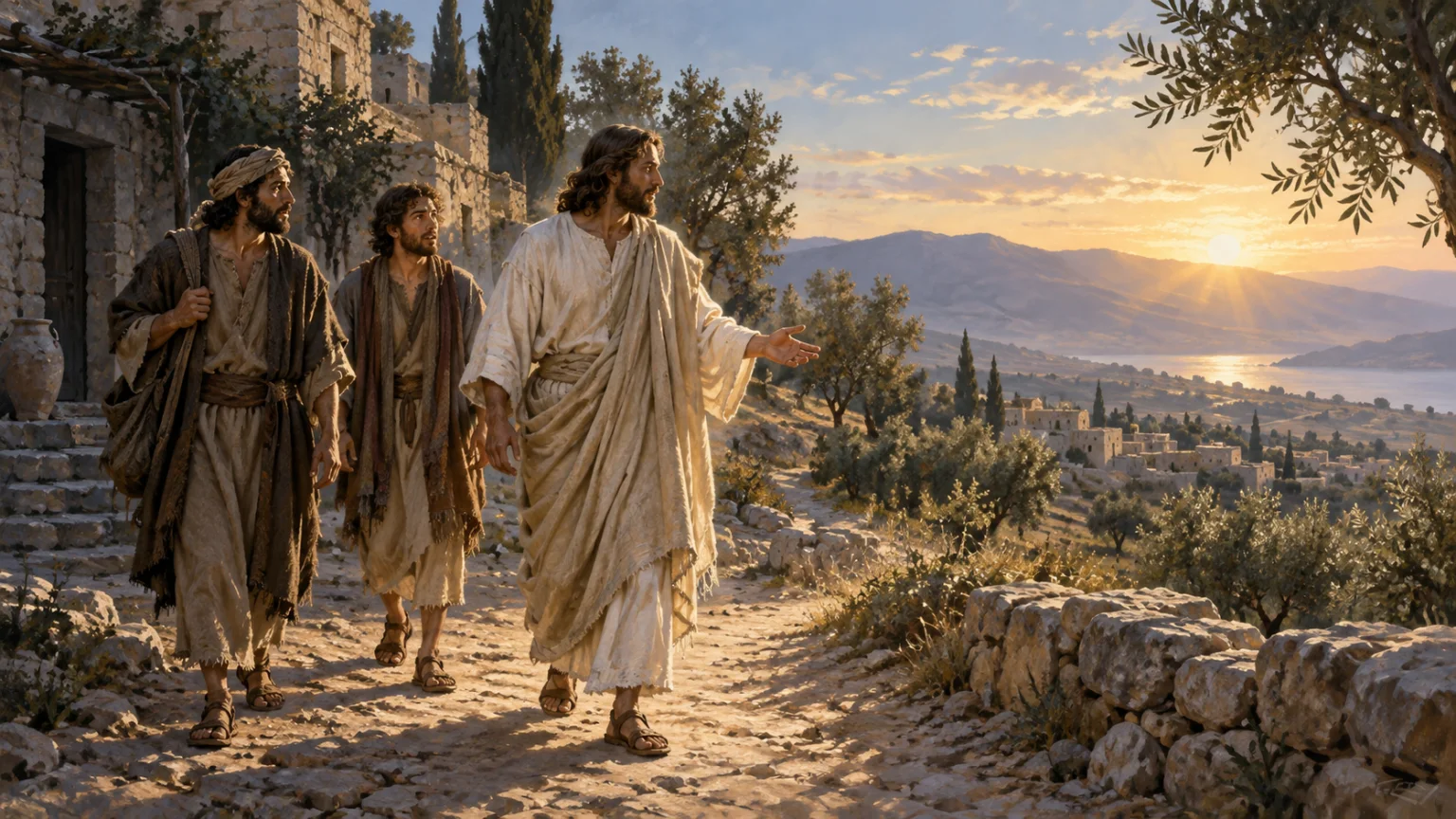Jesus caminha por uma aldeia da Judeia ao amanhecer, acompanhado por dois discípulos.