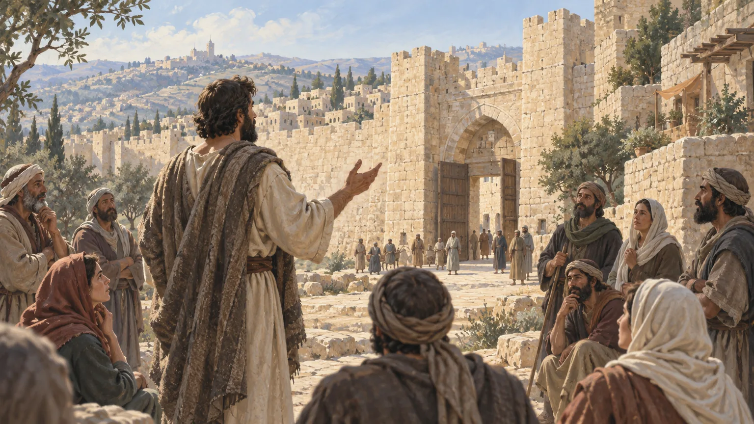 Um profeta dirige-se a um grupo de moradores diante das portas de pedra de Jerusalém.