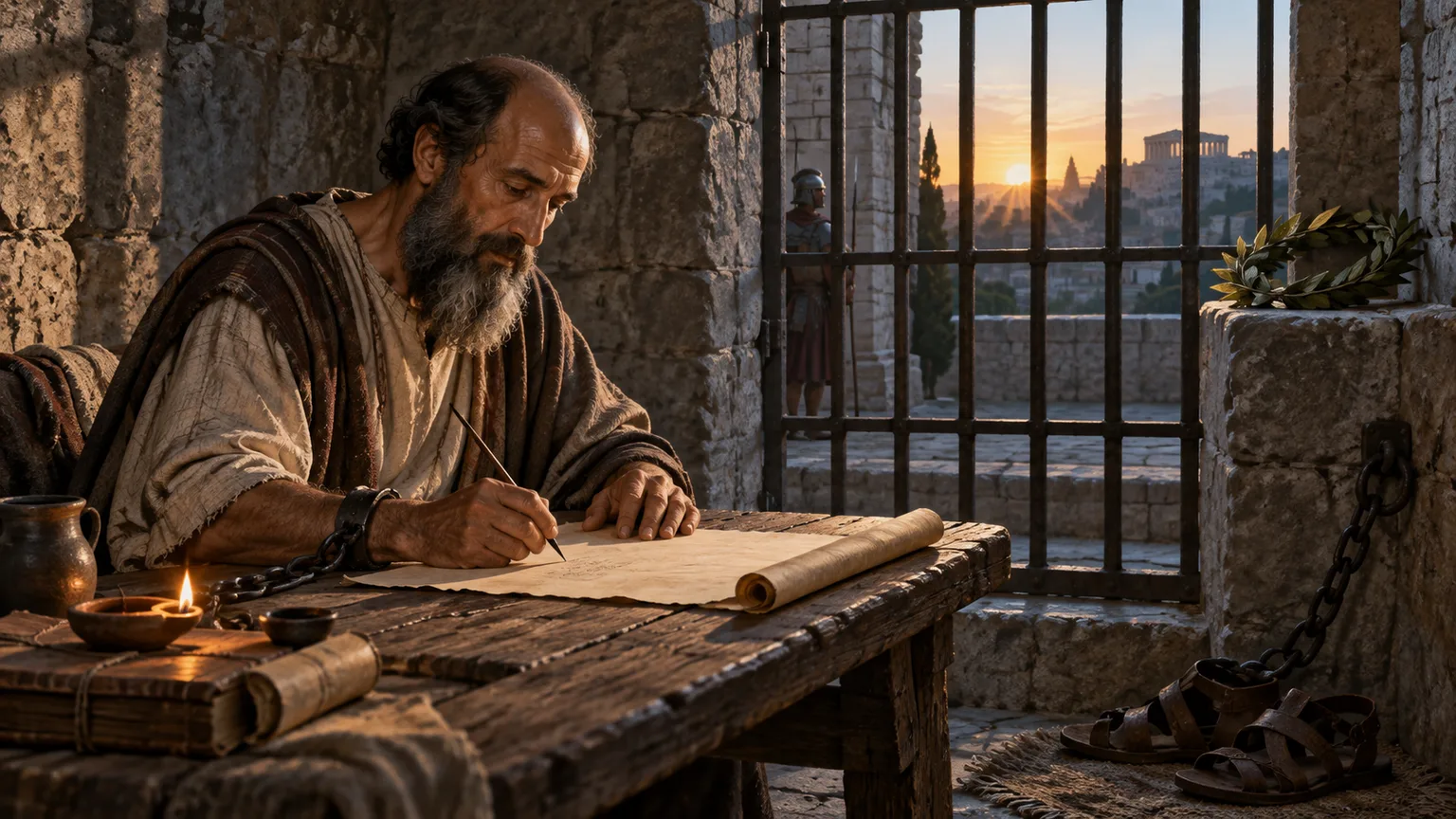 Paulo escreve em uma cela ao entardecer, com correntes sobre a mesa e uma coroa de louros junto à janela.