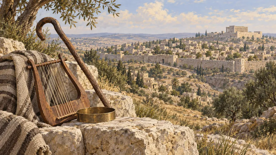 Um cajado, uma lira e um aro de bronze diante de uma representação de Jerusalém no período monárquico.