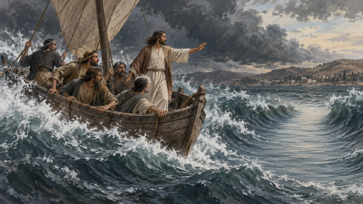 Jesus permanece de pé em um barco enquanto uma tempestade se abre sobre o mar da Galileia e os discípulos enfrentam as ondas.