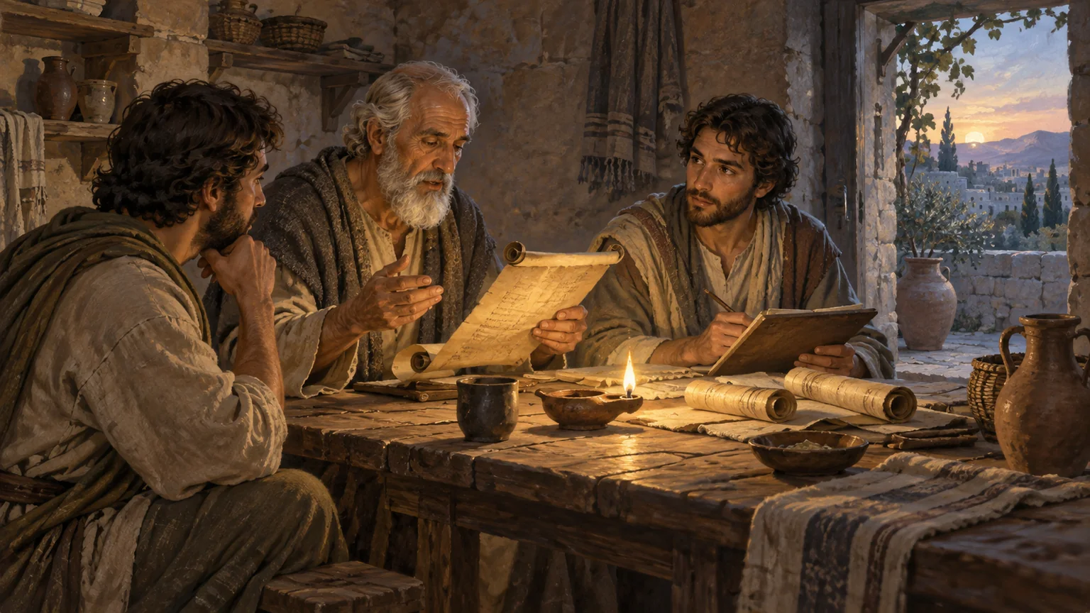 Um mestre cristão idoso lê um rolo à luz de uma lamparina para dois discípulos em uma sala de pedra.