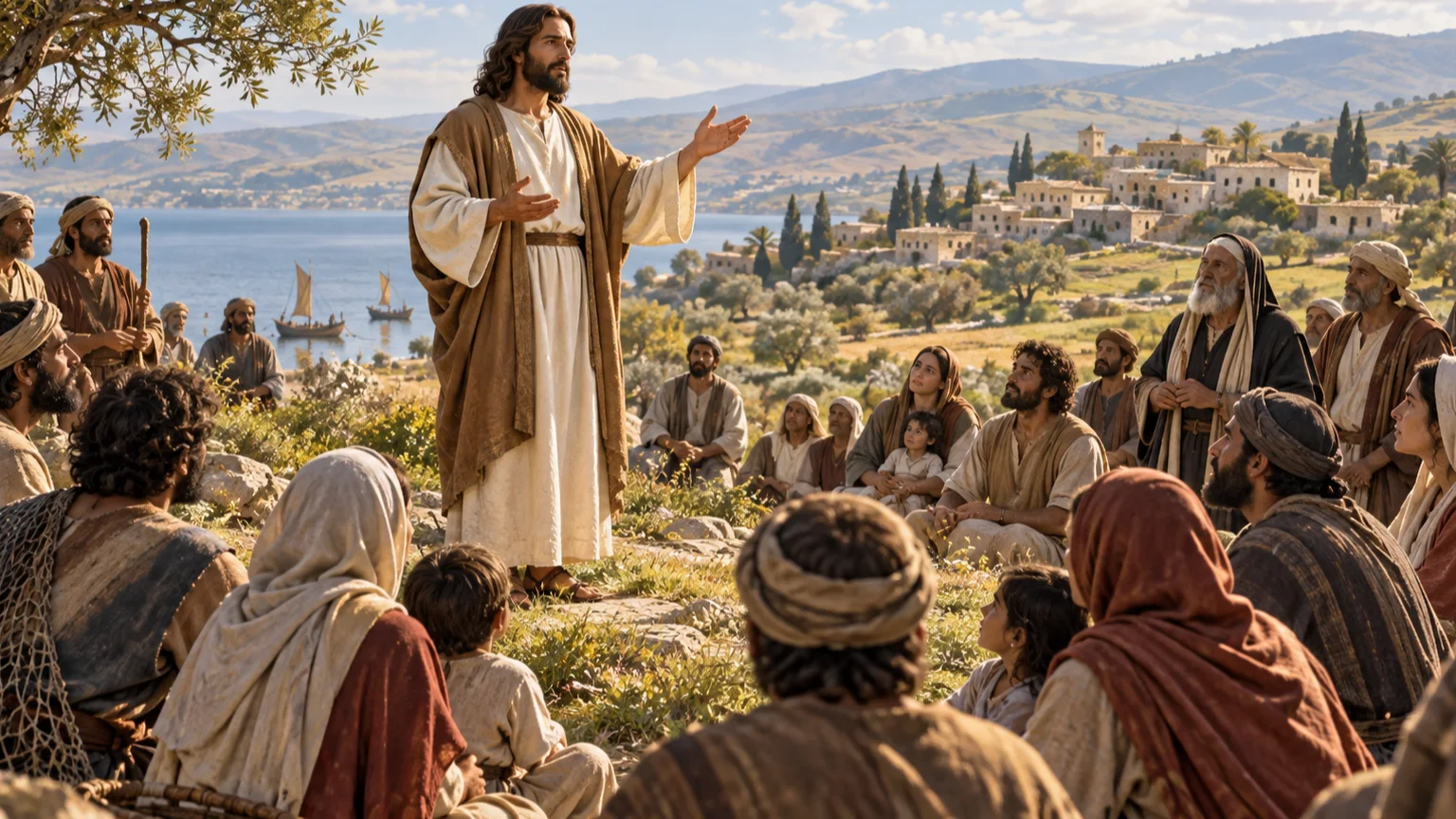 Jesus anuncia o Reino de Deus a uma multidão em uma encosta da Galileia, com aldeias e colinas ao fundo.