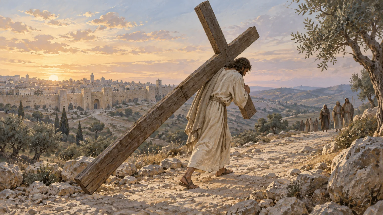 Jesus carrega uma cruz de madeira por um caminho rochoso, com Jerusalém ao fundo e poucas pessoas à distância.