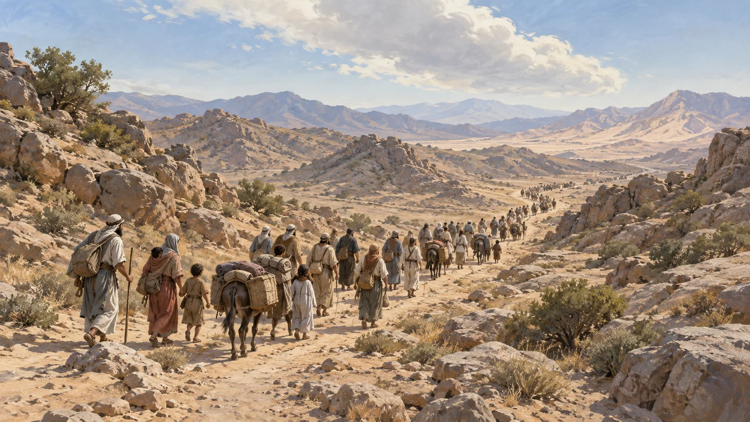 Famílias de Israel caminham por uma trilha entre as colinas do deserto, sob um céu com nuvens.