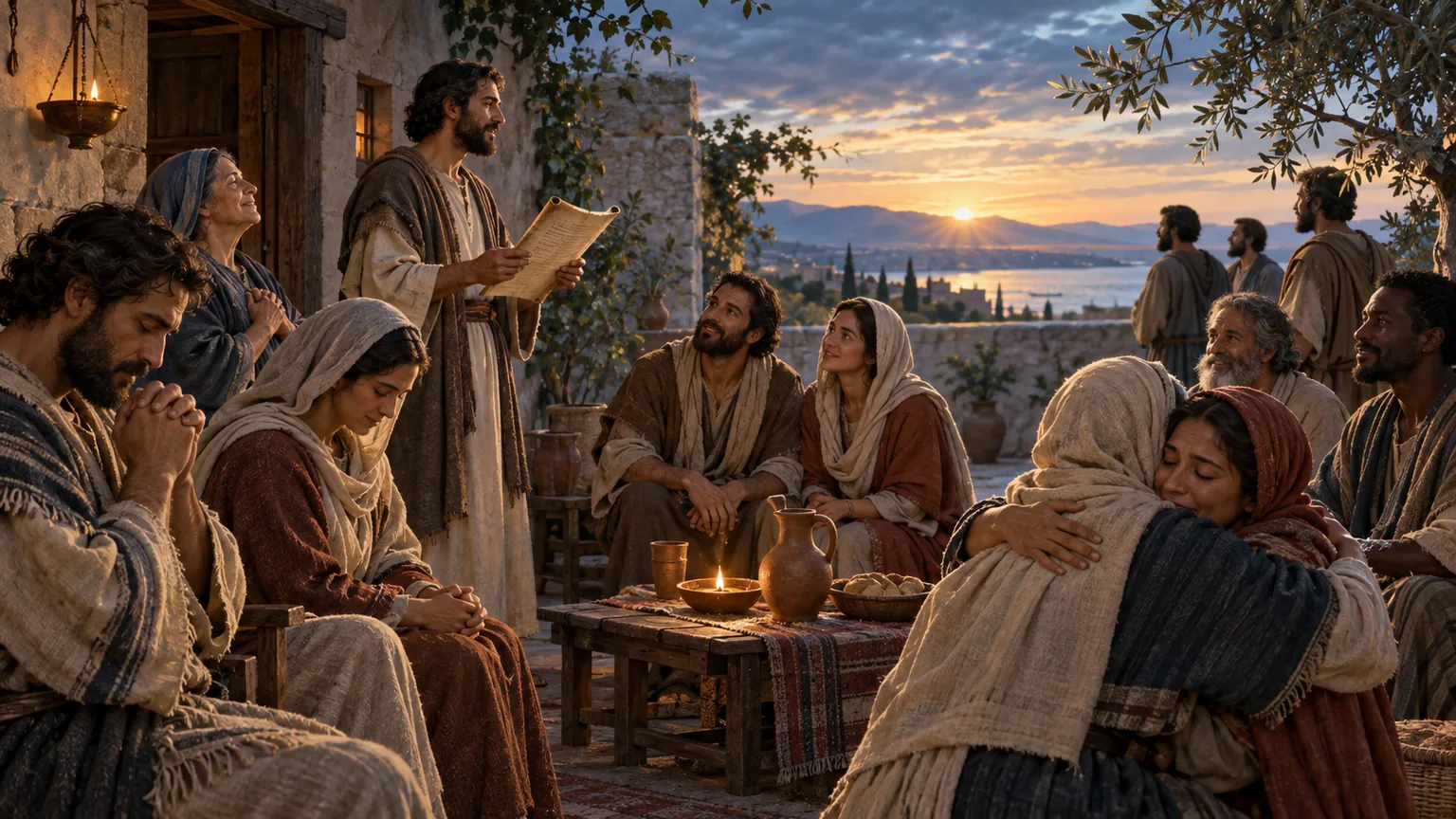 Cristãos de Tessalônica consolam uns aos outros ao amanhecer, reunidos numa casa aberta para o horizonte.