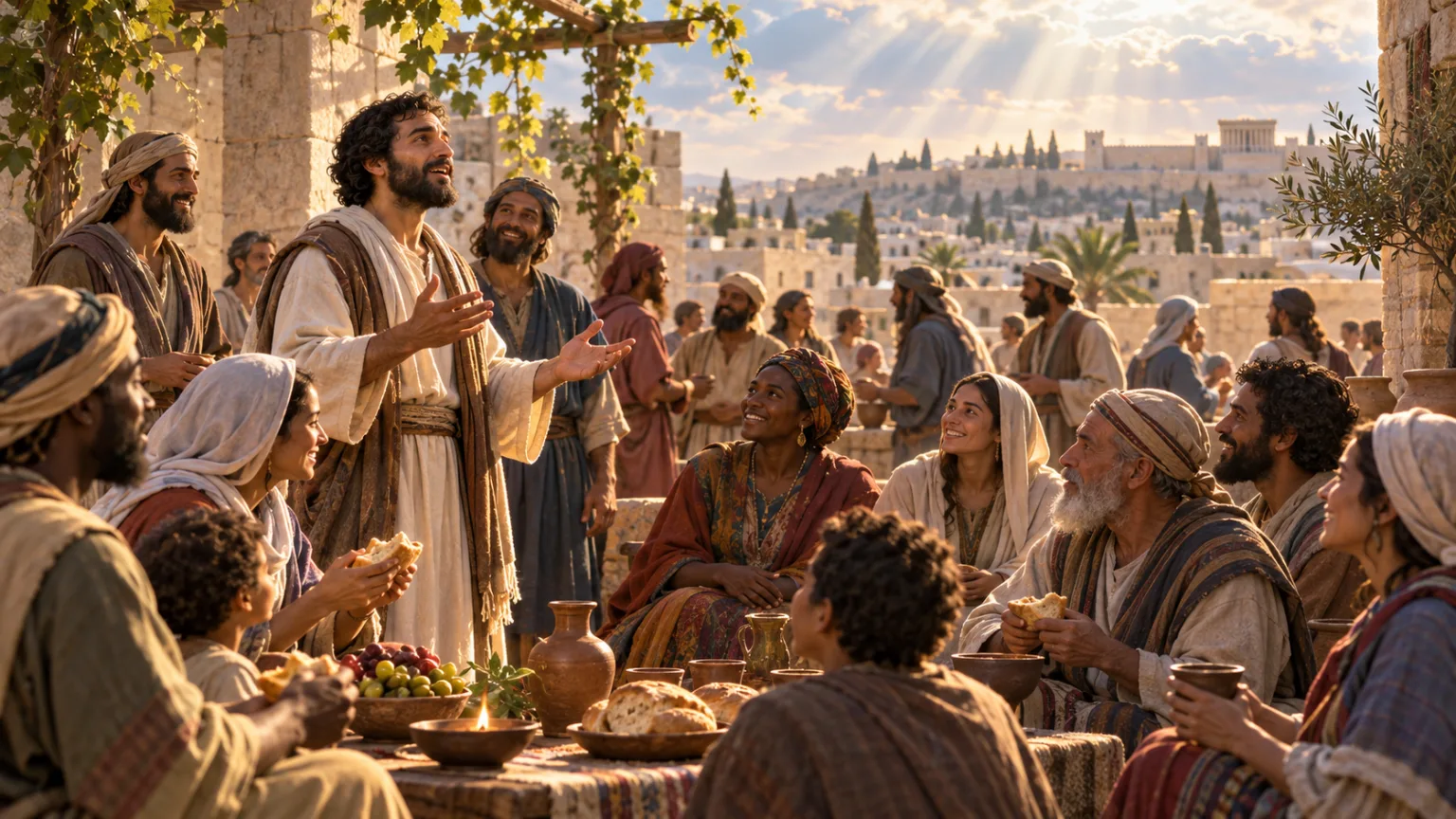 Comunidade diversa reunida em Jerusalém compartilha uma refeição e ouve o testemunho de um discípulo.