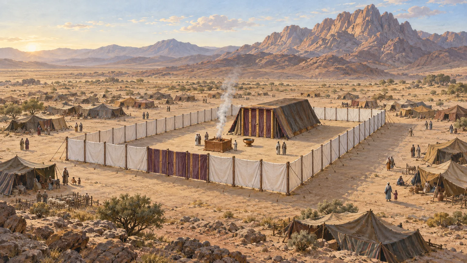 Tabernáculo em um pátio cercado por linho, entre as tendas de Israel no deserto.