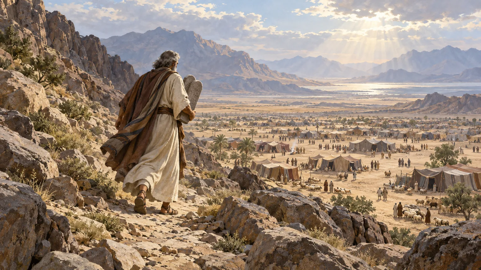Moisés desce uma trilha rochosa do Sinai carregando novas tábuas de pedra, com o acampamento de Israel na planície.
