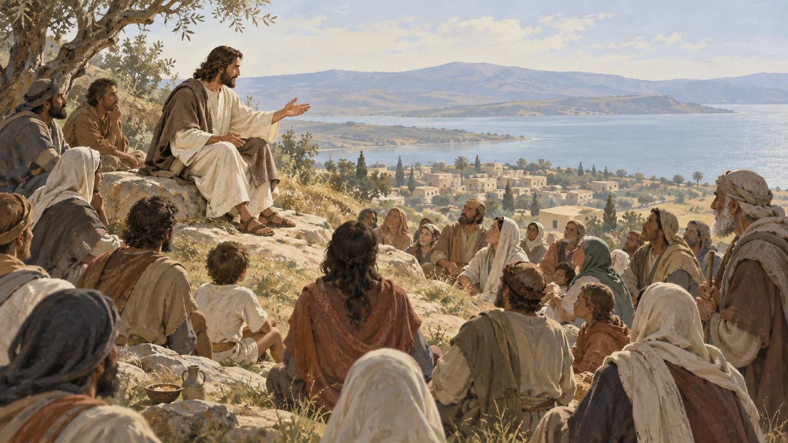 Jesus ensina uma multidão reunida em uma encosta da Galileia, com uma vila e o lago ao fundo.