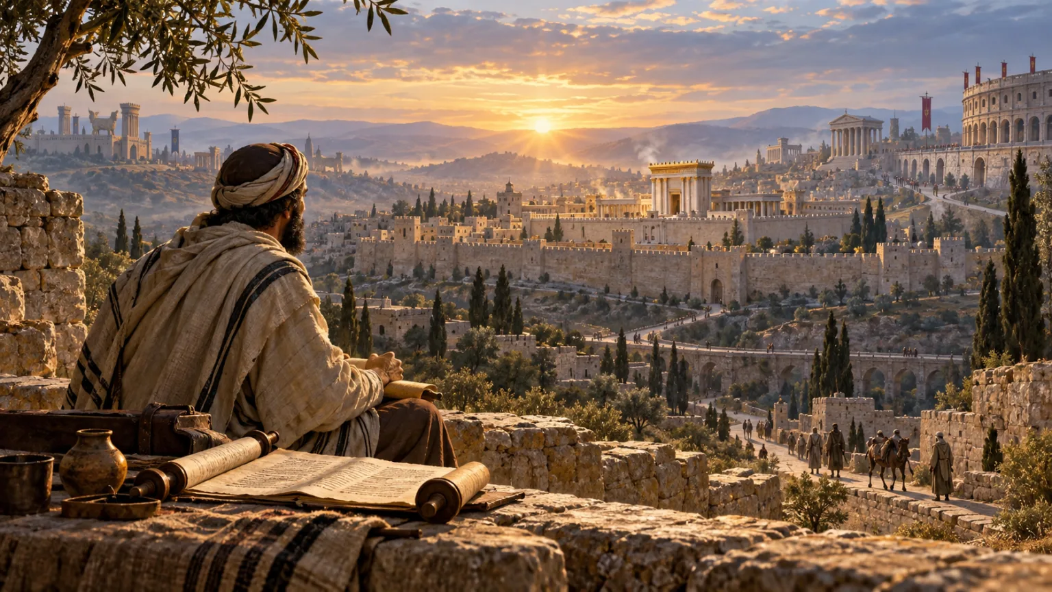 Escriba observa Jerusalém ao amanhecer, entre oliveiras, muralhas e caminhos do período do Segundo Templo.