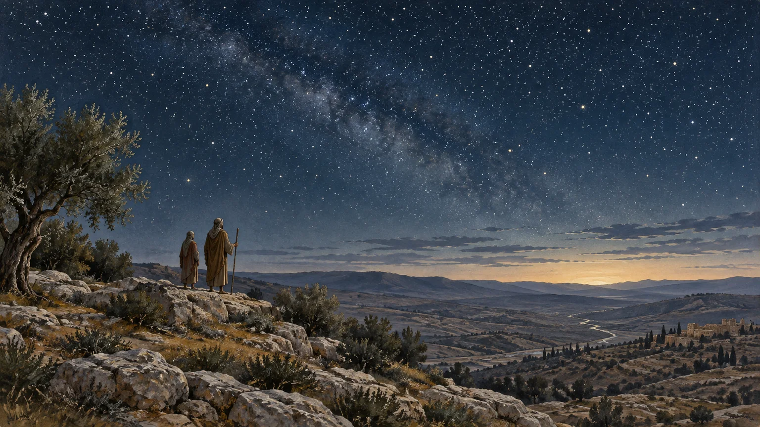 Dois pequenos viajantes contemplam um céu estrelado sobre as colinas da Judeia.
