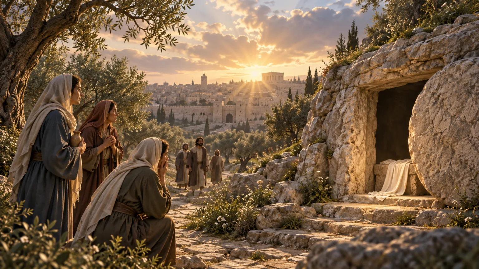 Mulheres e discípulos se aproximam de um sepulcro vazio ao amanhecer, com Jerusalém ao fundo.