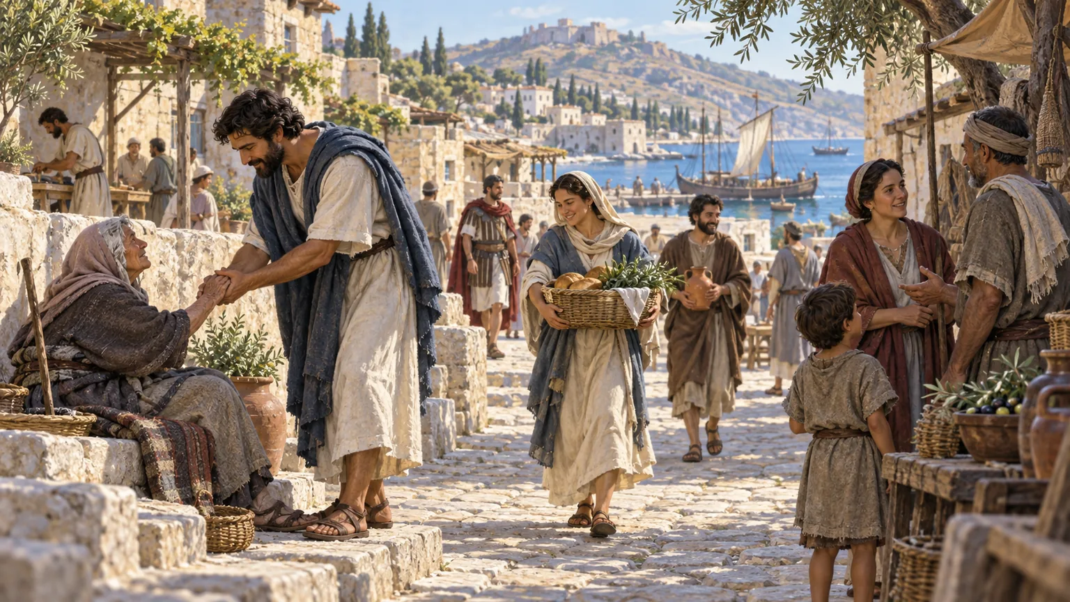 Cristãos ajudam vizinhos em uma rua de Creta, com alimentos e gestos de cuidado diante de uma cidade portuária.