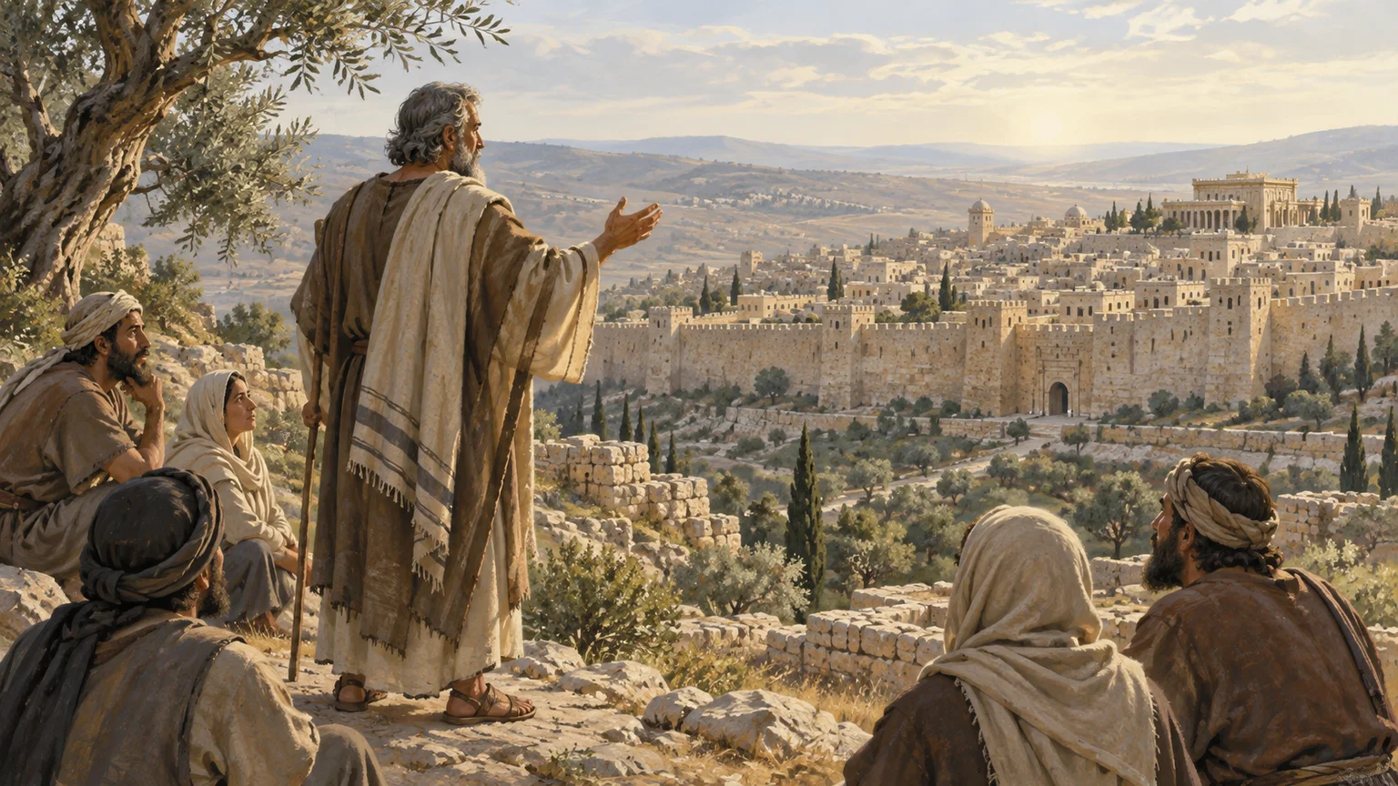 Isaías e um pequeno grupo de ouvintes em um caminho de pedra diante das muralhas de Jerusalém.