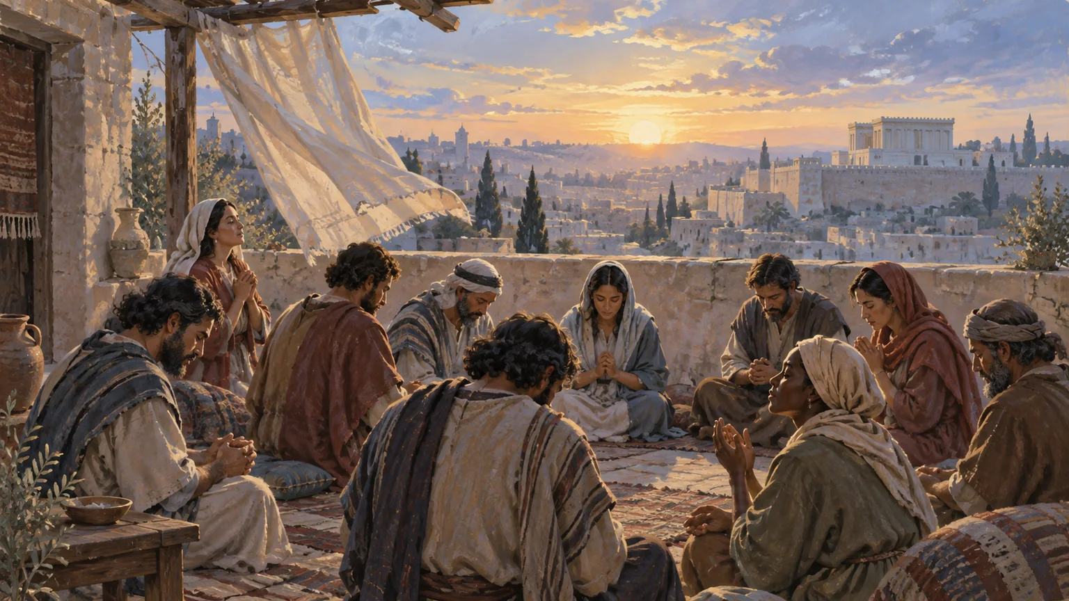 Discípulos e discípulas reunidos em oração num terraço de Jerusalém ao amanhecer.