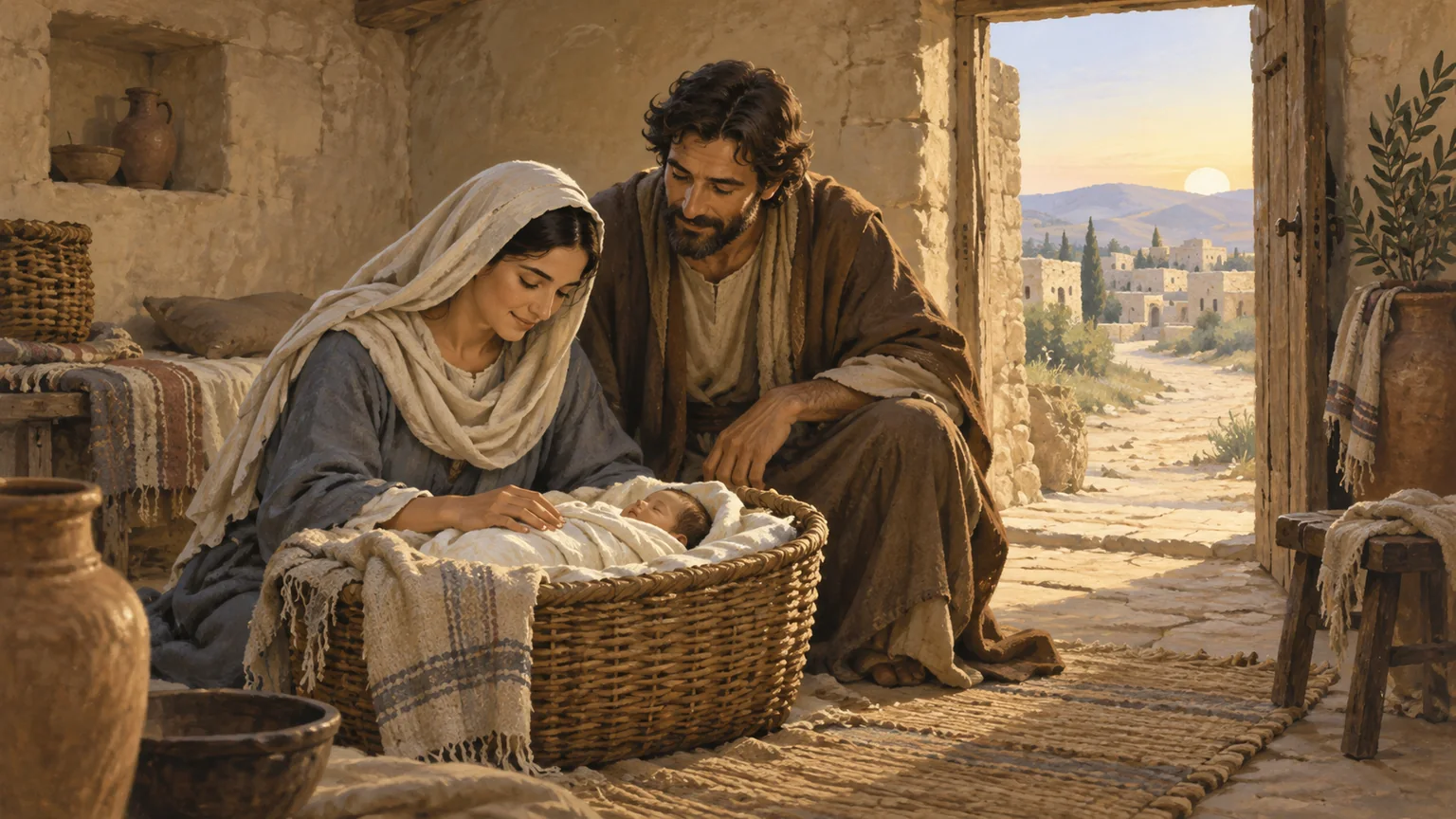 José e Maria acolhem o recém-nascido Jesus em uma casa simples de Belém ao amanhecer, com a estrada ao fundo.