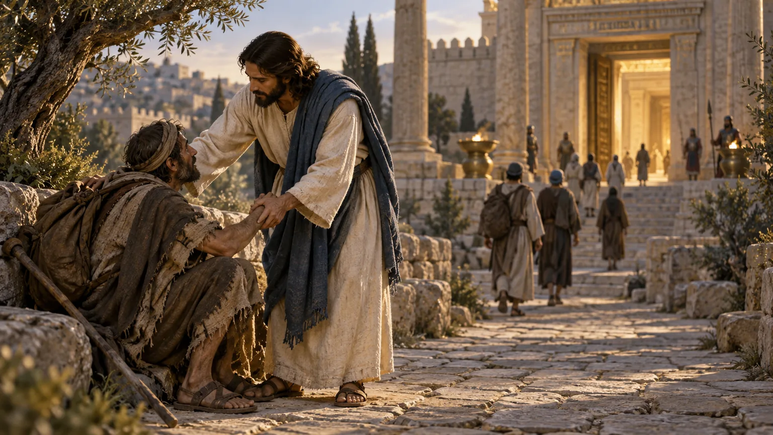 Jesus se aproxima de uma pessoa cansada junto a um caminho que conduz a um santuário iluminado.