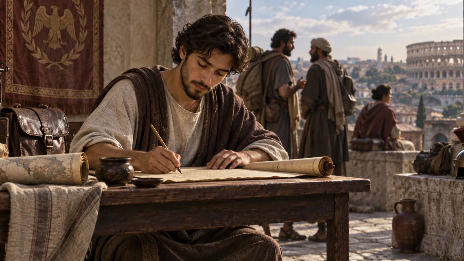 Um escriba do primeiro século registra um relato do evangelho em um aposento romano, com rolos e viajantes ao fundo.