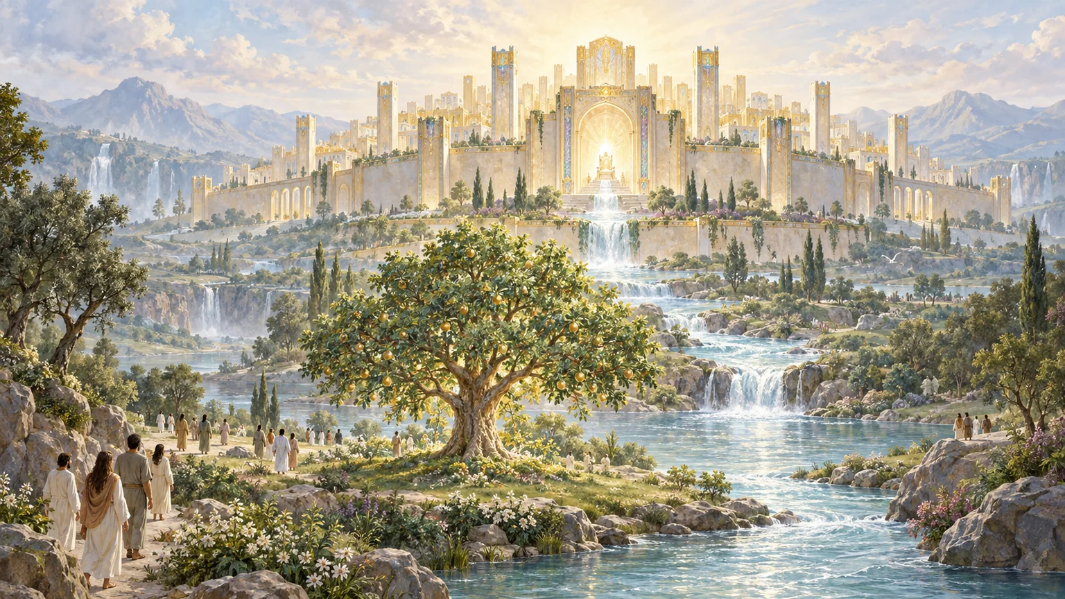 A Nova Jerusalém descendo sobre a nova criação, com o rio e a árvore da vida.