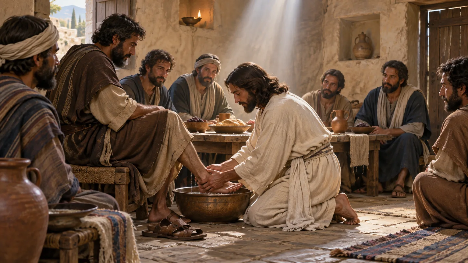 Cristo se ajoelha em uma sala simples para lavar os pés de um discípulo, enquanto outros discípulos observam ao redor de uma mesa baixa.