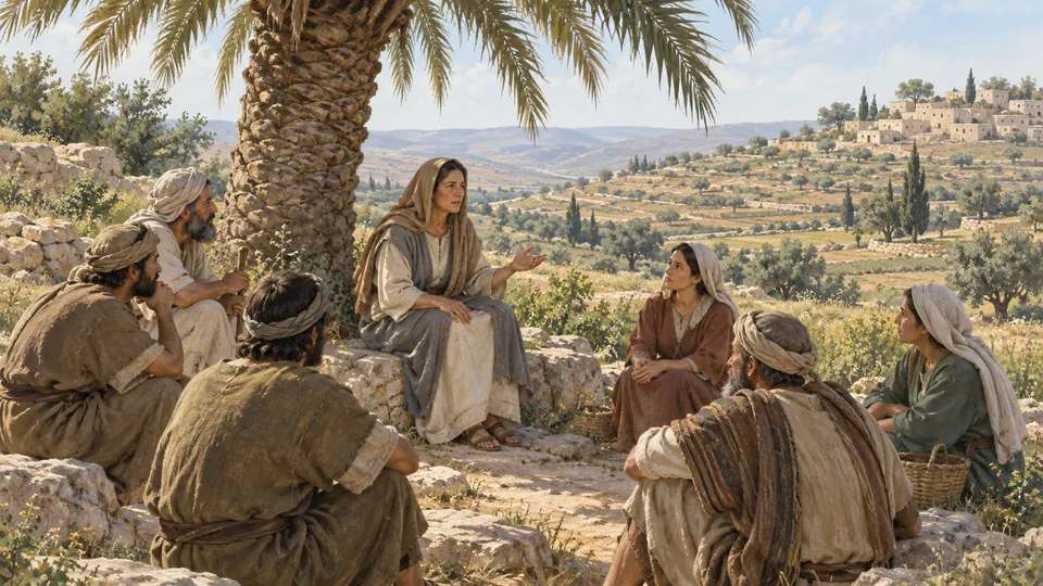 Débora sentada à sombra de uma palmeira conversa com um grupo de israelitas, diante de campos e pequenas aldeias.
