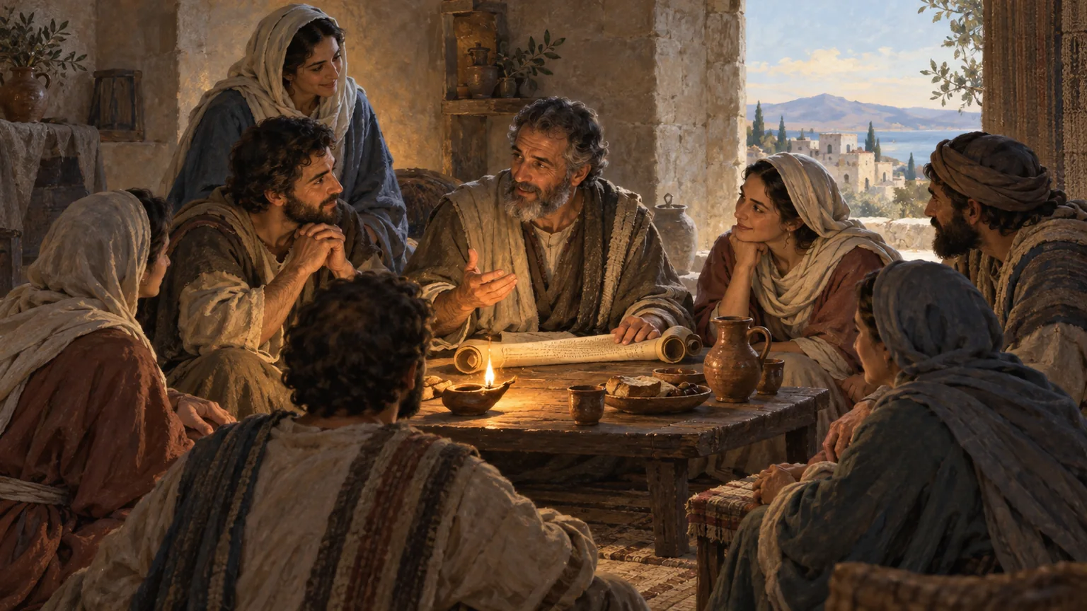 Comunidade cristã do primeiro século reunida ao redor de uma lâmpada e de um rolo apostólico em uma casa de pedra mediterrânea.