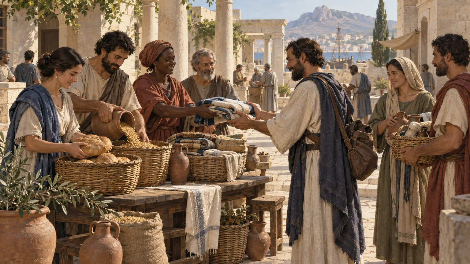 Cristãos de uma comunidade mediterrânea compartilham alimentos, tecidos e provisões com um mensageiro.