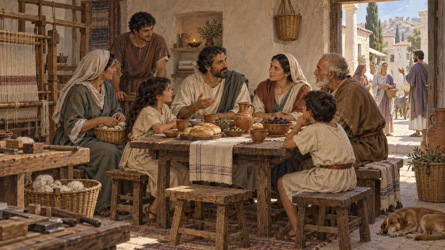 Uma família cristã de Colossos se reúne à mesa, cercada por ferramentas de trabalho e por uma porta aberta para a rua.