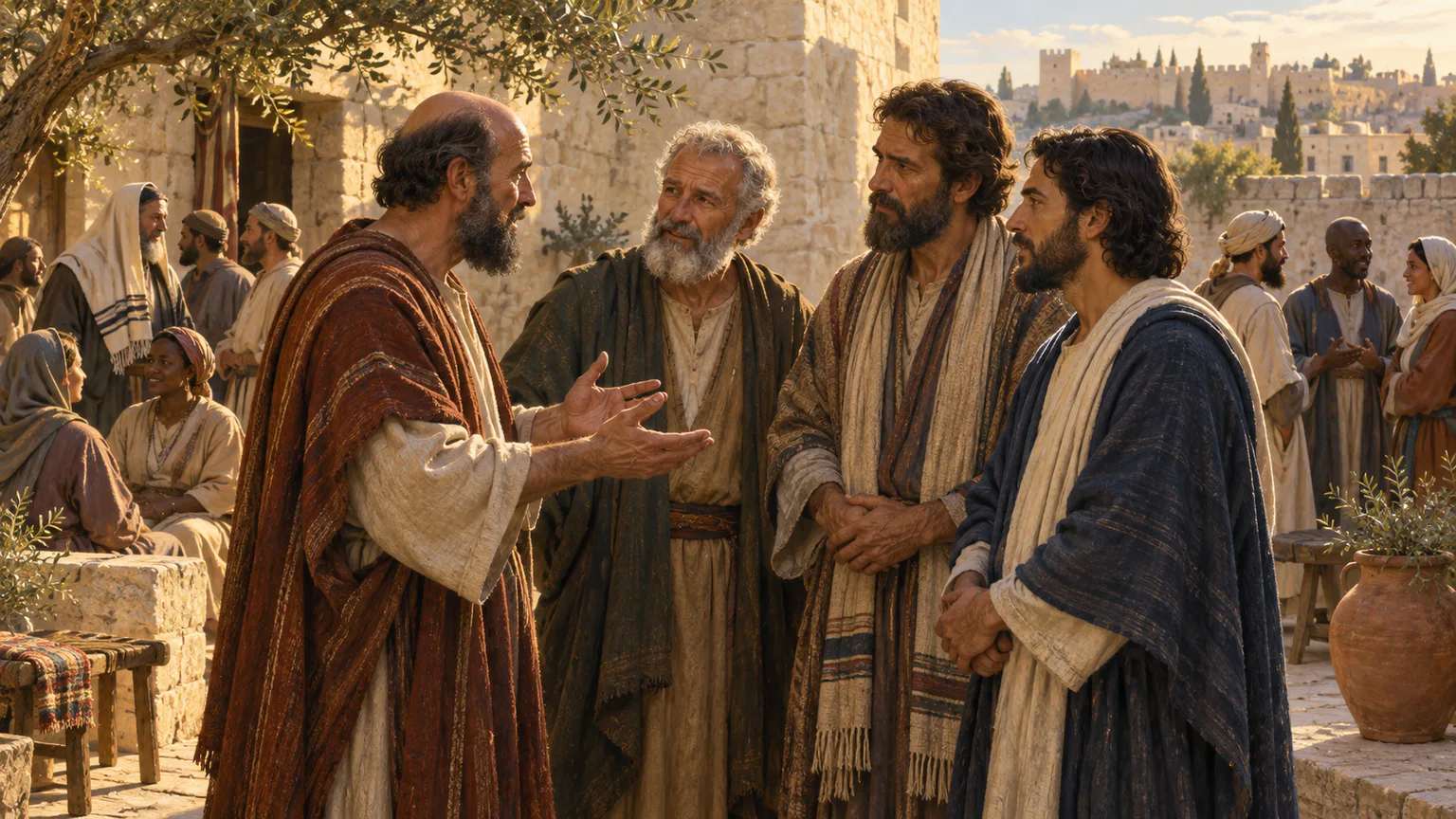 Paulo conversa com Pedro, Tiago e João em um pátio de Jerusalém, cercado por cristãos judeus e gentios.