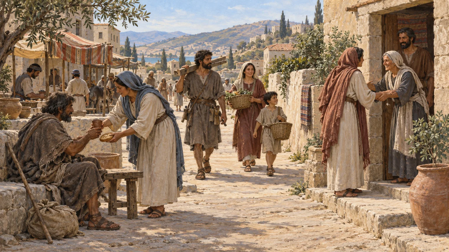 Cristãos do primeiro século caminham e servem vizinhos em uma rua de uma cidade da Ásia Menor, com a estrada seguindo ao horizonte.