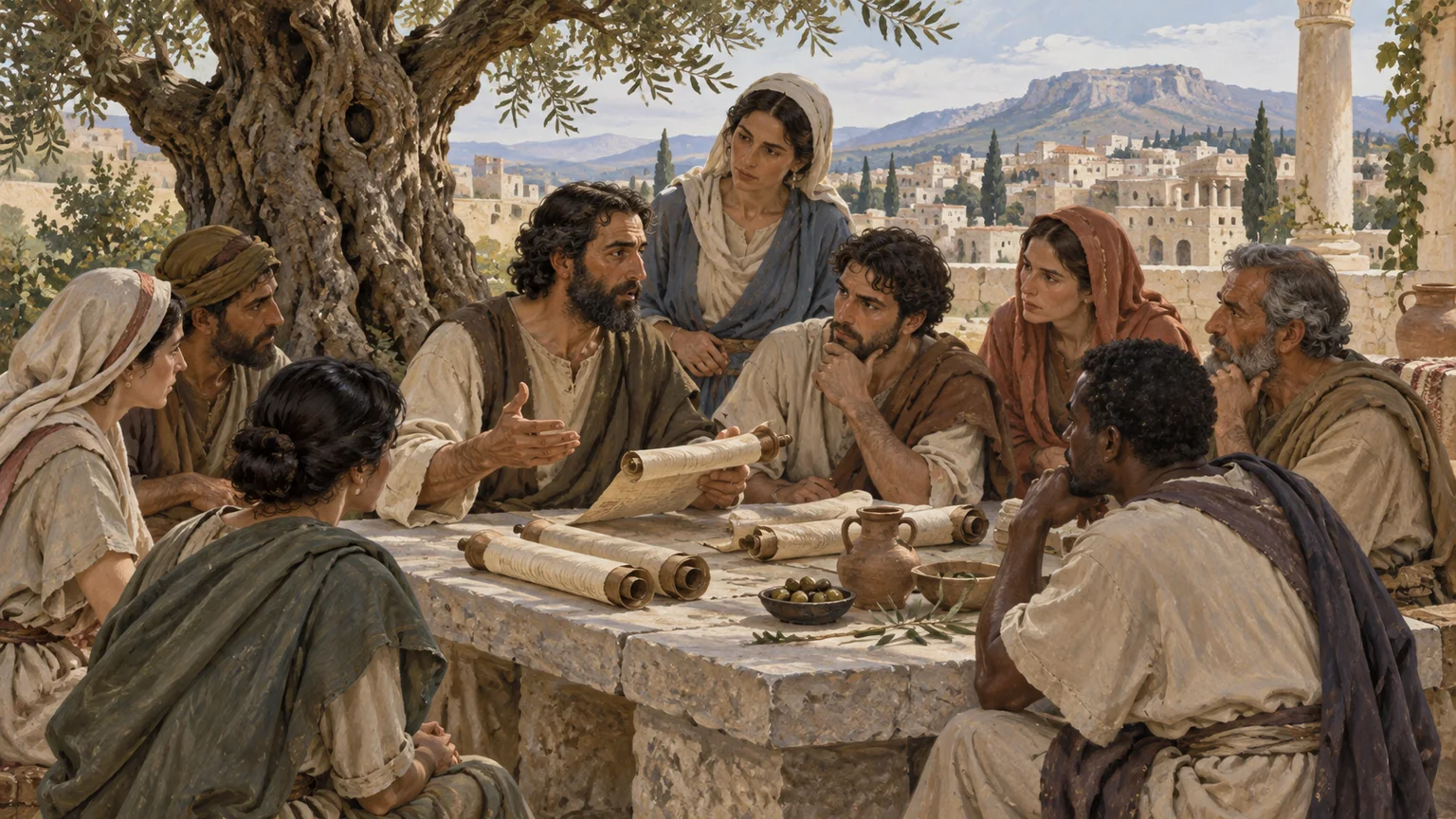 Crentes de Colossos examinam rolos ao redor de uma mesa de pedra, junto a uma oliveira profundamente enraizada e à cidade antiga.